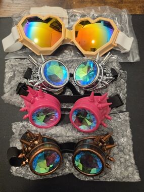 Festival Rave Goggles Bundle – Kaleidoscope & Spiked Steampunk Glasses (4 Pairs)
